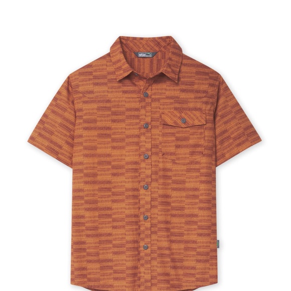 Stio Curtis Camp Short Sleeve Shirt Medium Orange Geo Print Organic Cotton Blend - Picture 2 of 9